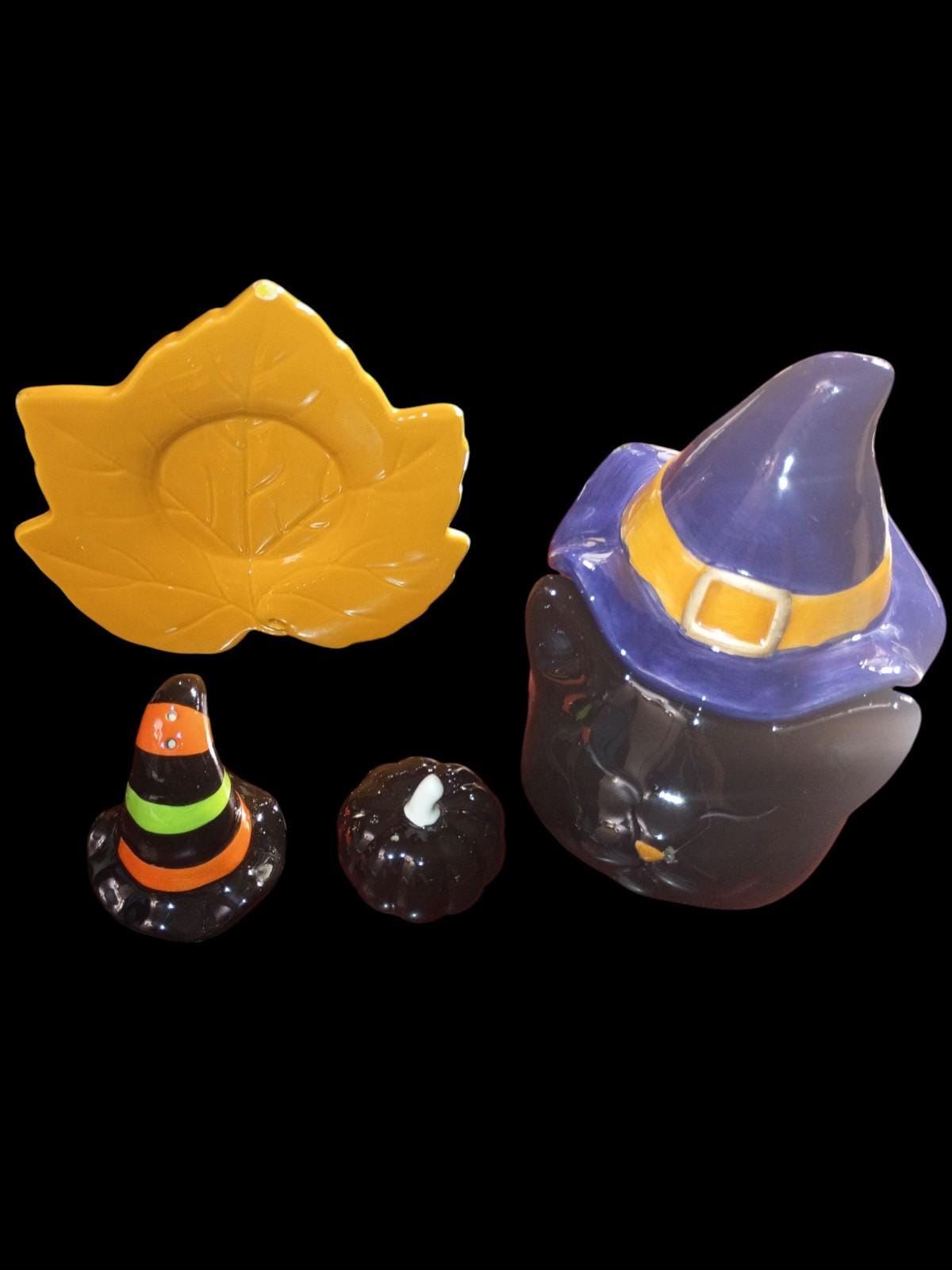 Halloween ceramic decor set – black cat witch jar, candy corn hat, leaf...