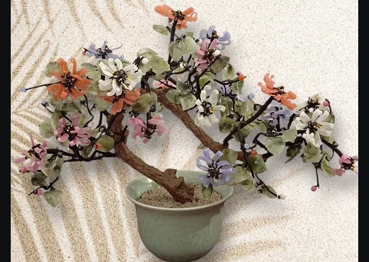 Chinese jade & gemstone bonsai tree in celadon pot – 12" tall, 15" wide, 3 lbs –