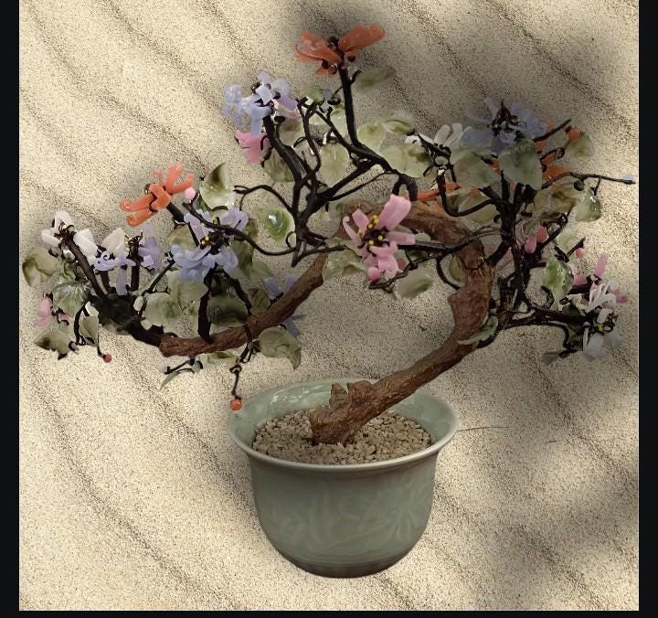 Chinese jade & gemstone bonsai tree in celadon pot – 12" tall, 15" wide, 3 lbs –