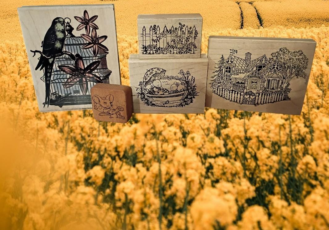 Lot of 5 wood mounted rubber stamps – cottage, parakeet, mouse, & more