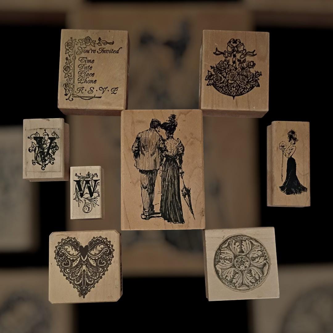Lot of 8  wood-mounted rubber stamps – victorian designs, invitations,...