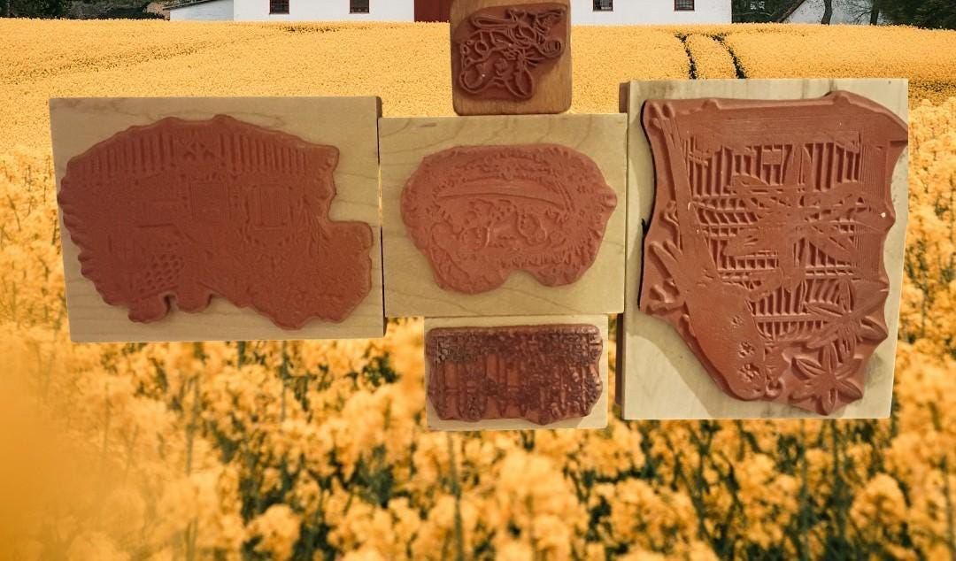 Lot of 5 wood mounted rubber stamps – cottage, parakeet, mouse, & more