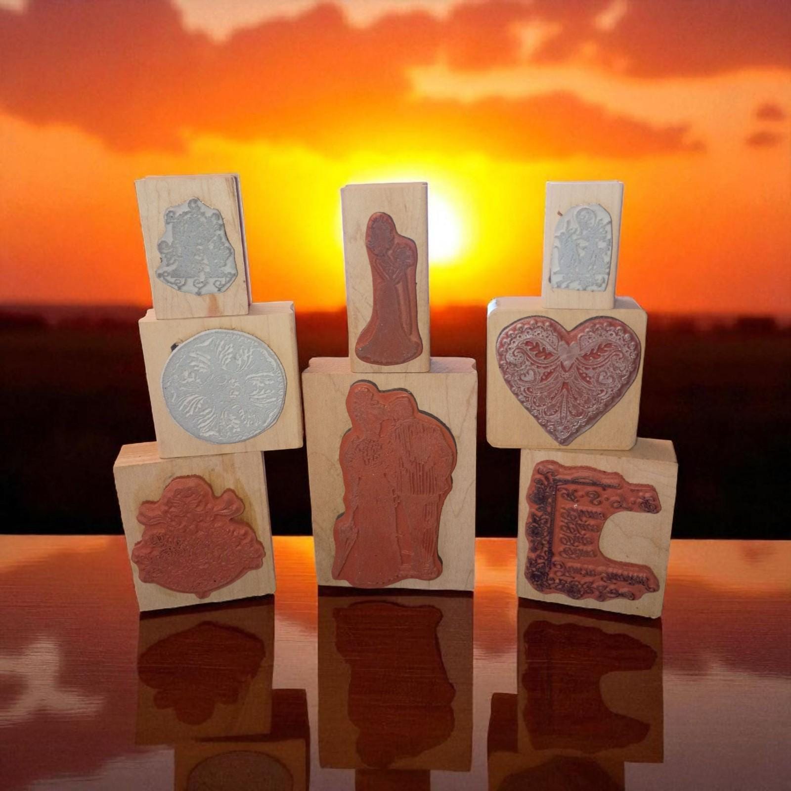Lot of 8  wood-mounted rubber stamps – victorian designs, invitations,...