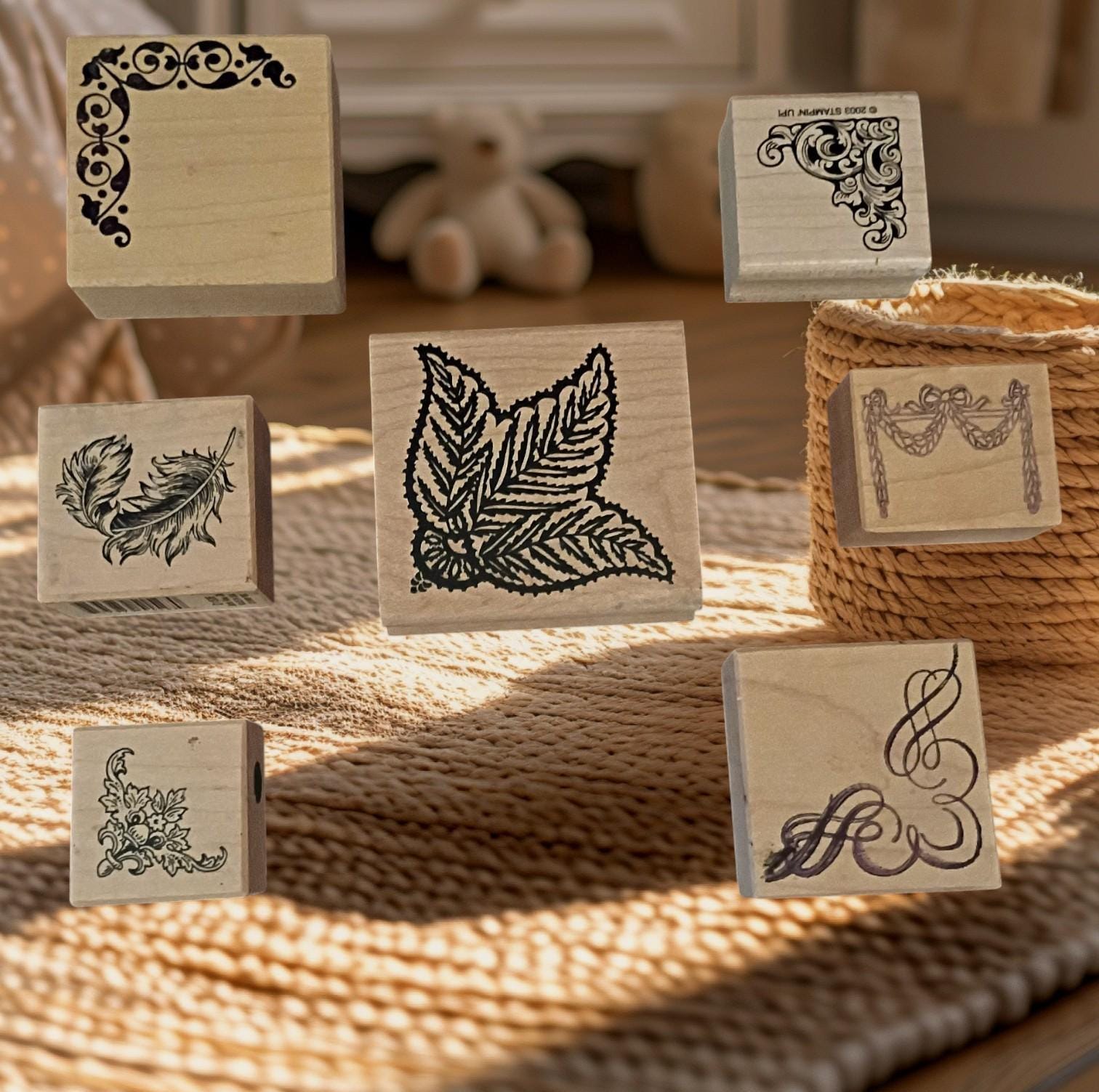 Lot of 7 decorative wood mounted rubber stamps – plus bonus stamp...