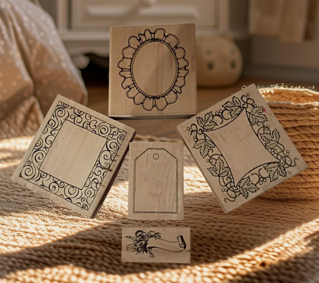 Lot of 5  wood-mounted rubber stamps – frame & tag designs – scrapbooking