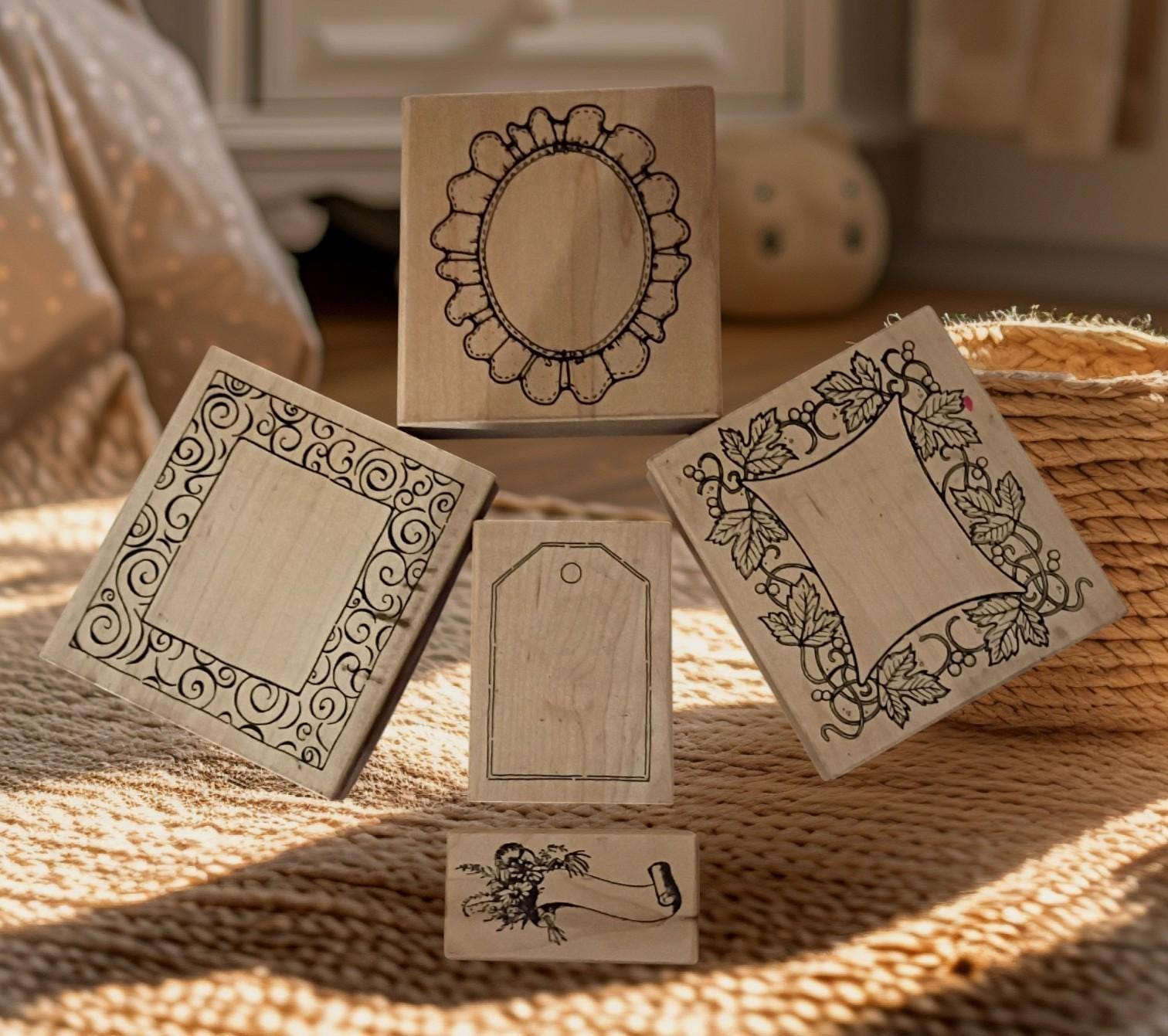 Lot of 5  wood-mounted rubber stamps – frame & tag designs – scrapbooking