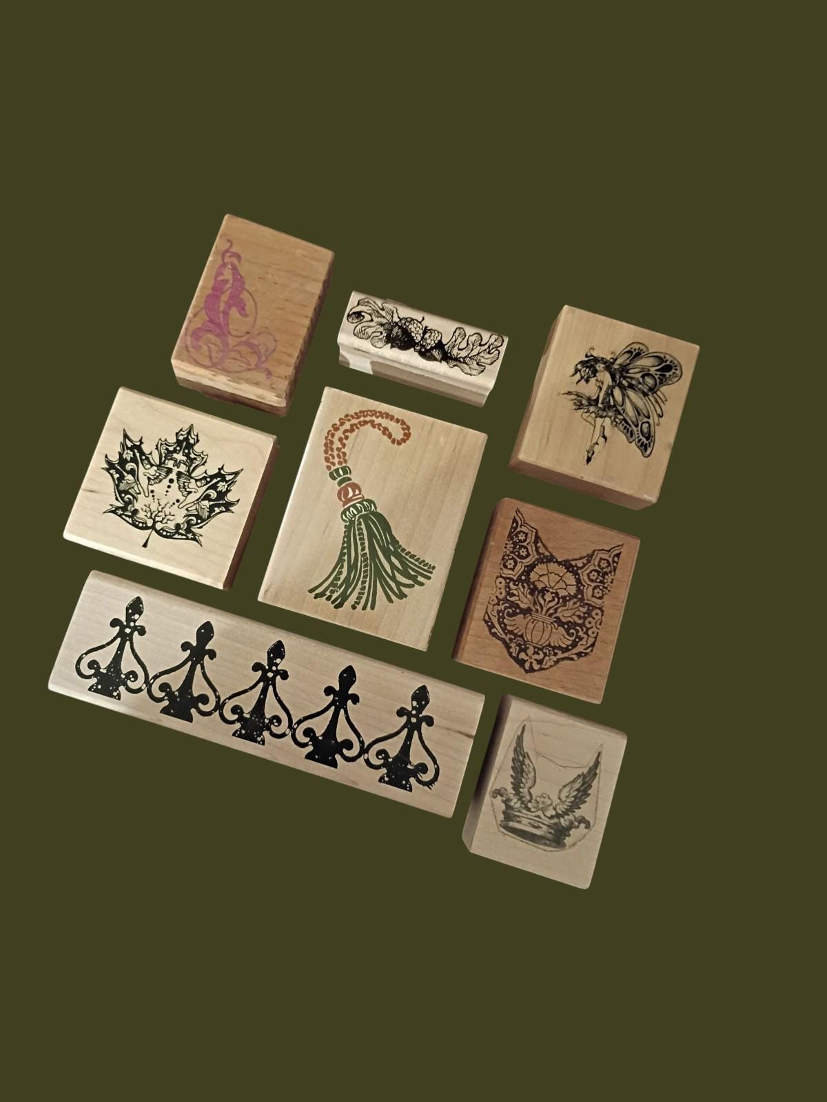 Lot of 8 wood mounted rubber stamps – victorian & fantasy designs –...