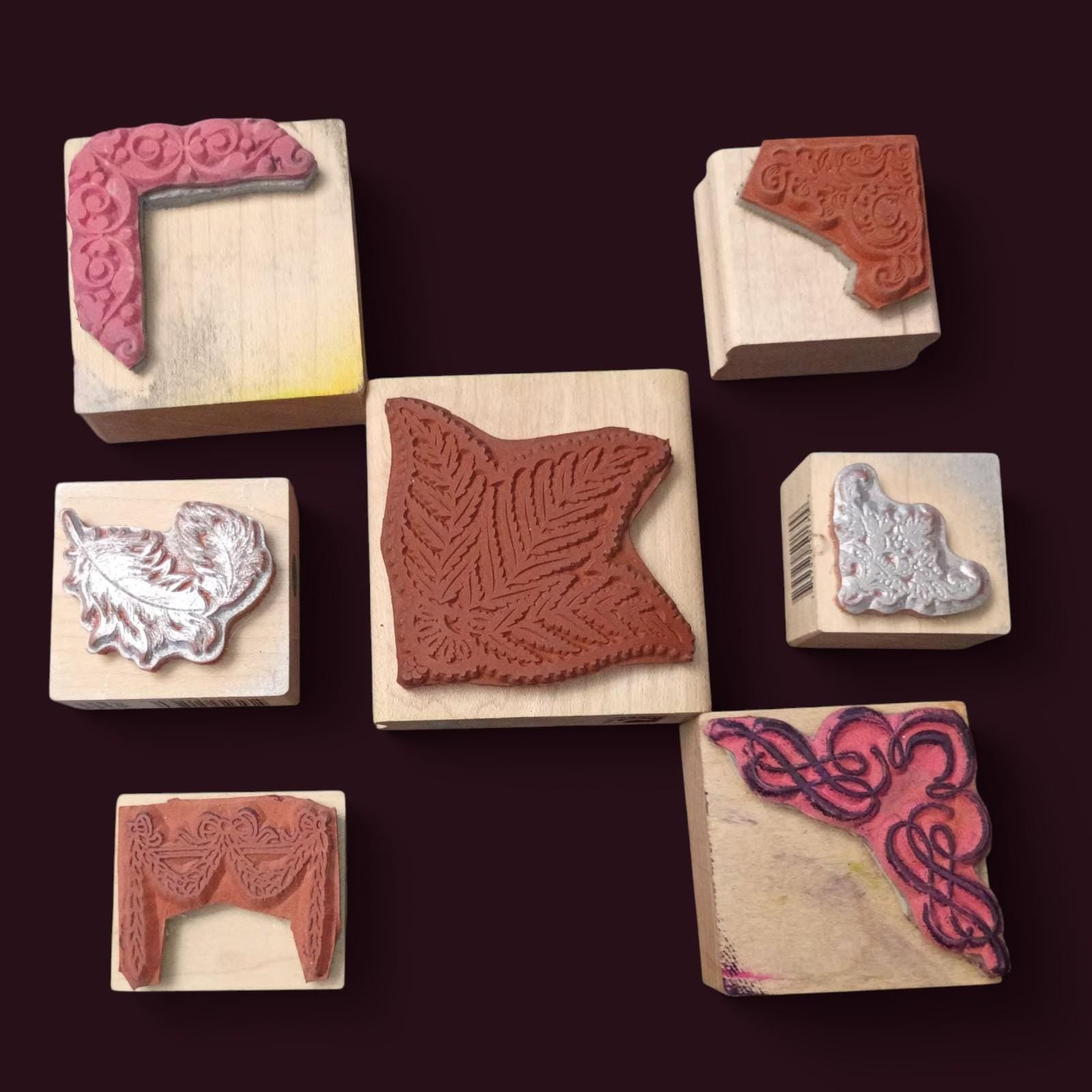 Lot of 7 decorative wood mounted rubber stamps – plus bonus stamp...