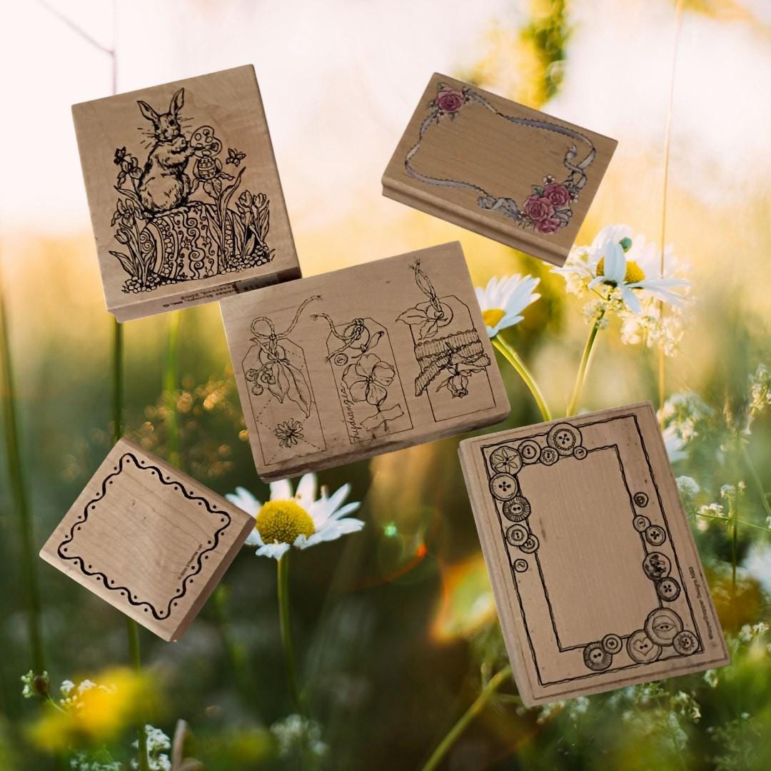 Lot of 5 wood rubber stamps – frames, bunny, floral, sewing, buttons...