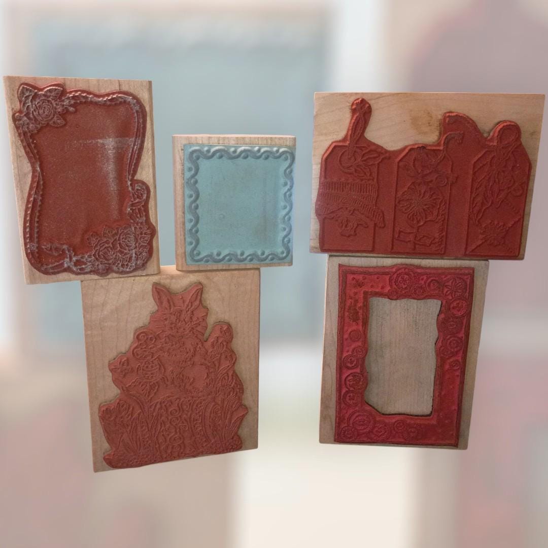 Lot of 5 wood rubber stamps – frames, bunny, floral, sewing, buttons...