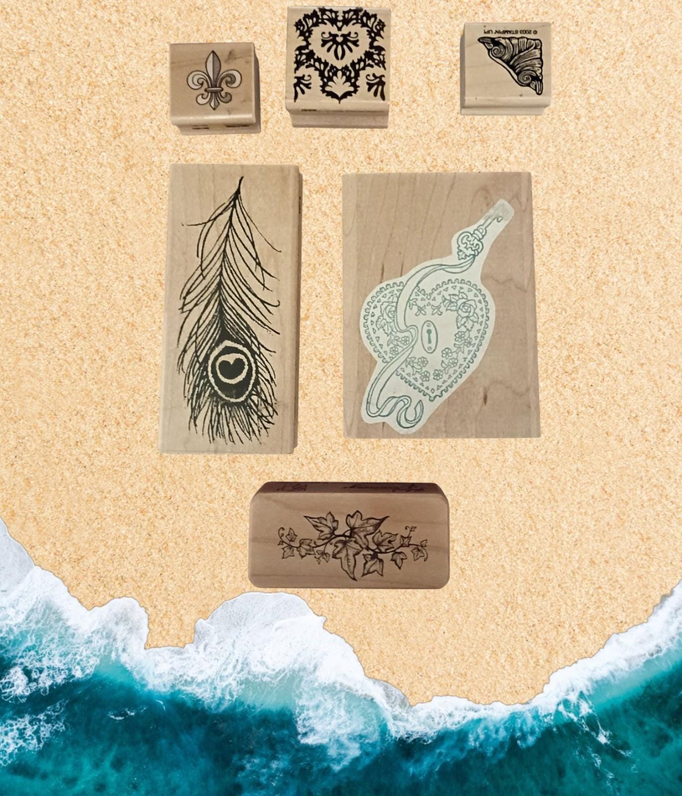Lot of 6 wood mounted rubber stamps – fleur-de-lis, feather, ivy, heart lock...