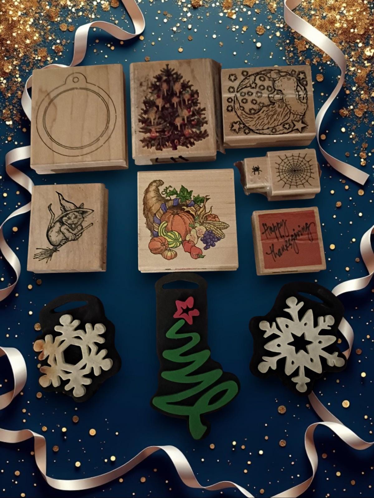 Lot of 11 holiday rubber stamps – christmas, thanksgiving, halloween – wood &...