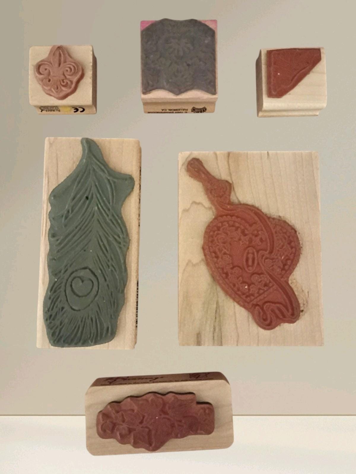 Lot of 6 wood mounted rubber stamps – fleur-de-lis, feather, ivy, heart lock...