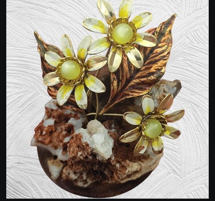 Frank mosse enameled flower sculpture on natural golden coral rock – handcrafted