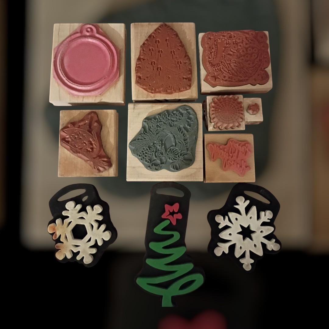 Lot of 11 holiday rubber stamps – christmas, thanksgiving, halloween – wood &...