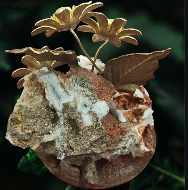 Frank mosse enameled flower sculpture on natural golden coral rock – handcrafted