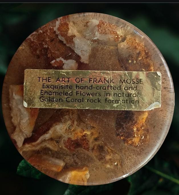Frank mosse enameled flower sculpture on natural golden coral rock – handcrafted