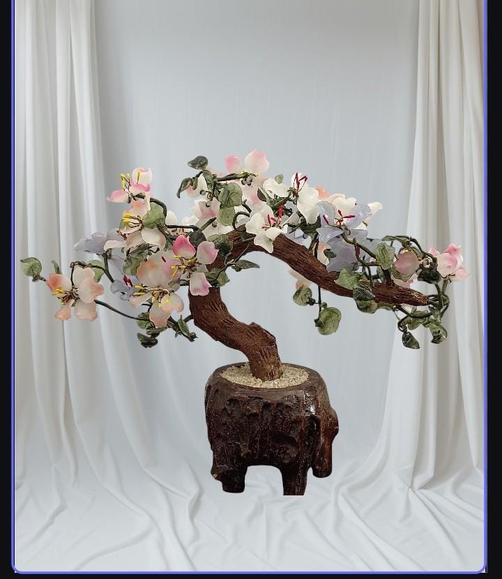 Chinese jade & glass bonsai tree 11” tall, 15” wide – pink, white , peach,......