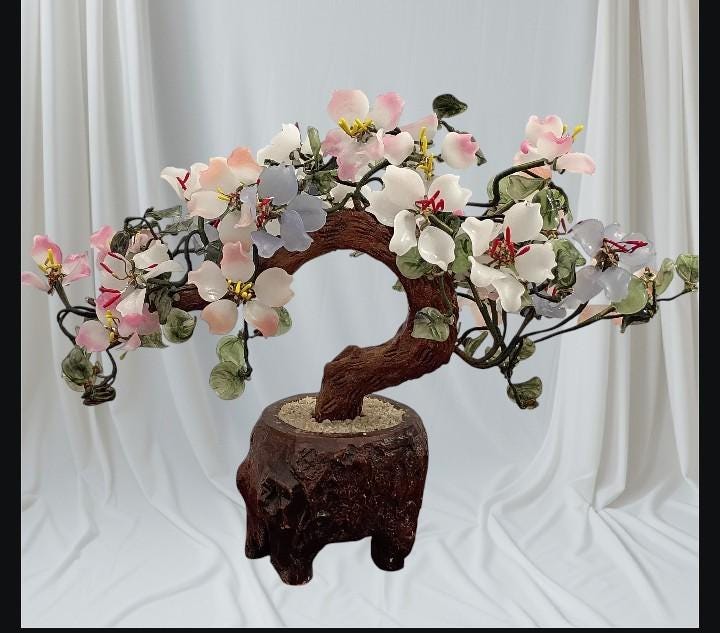 Chinese jade & glass bonsai tree 11” tall, 15” wide – pink, white , peach,......