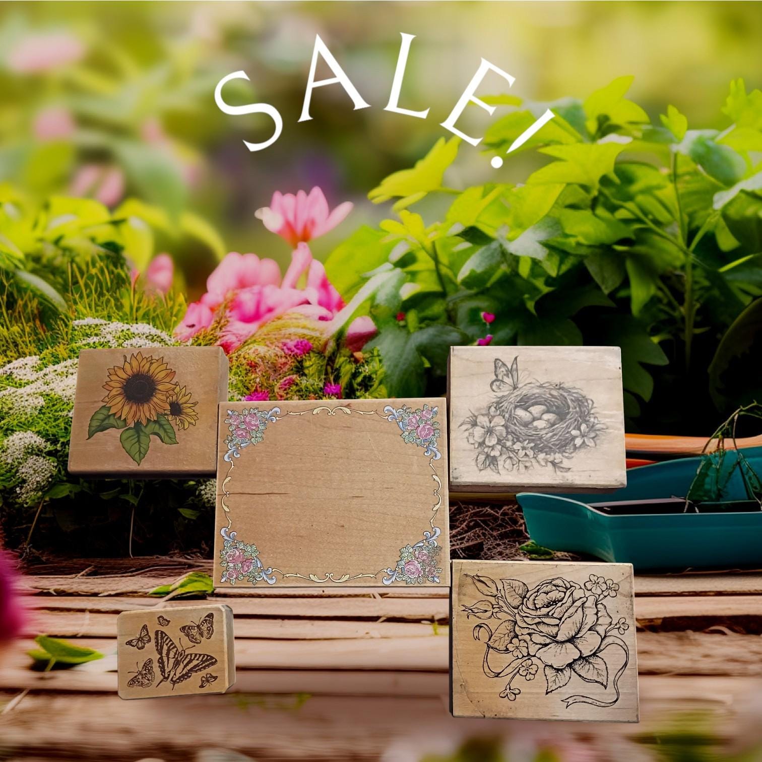 Lot of 5 floral & nature rubber stamps  wood mounted  sunflower, butterflies,..