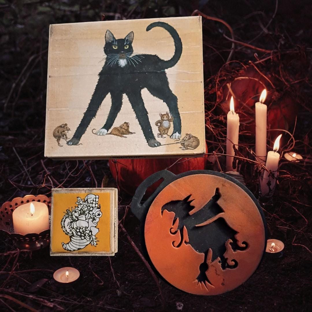 Lot of 3  stamps.  witch stencil – cat with mice, cornucopia,...
