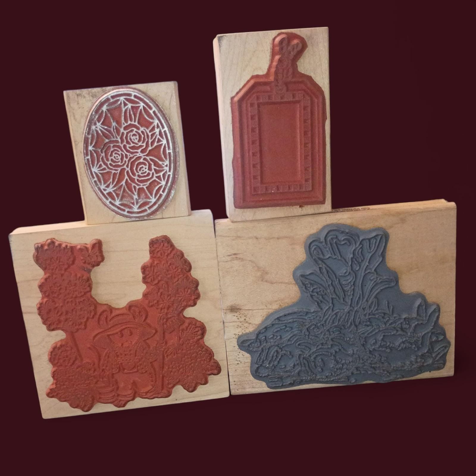 Rubber stamps - lot of gardening mouse, bunny rabbits, floral oval, and tag...