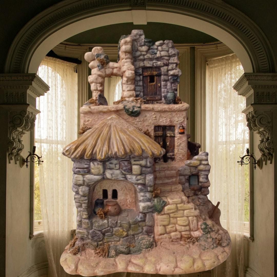 Noel bethlehem village stone house figurine – rustic hand-painted nativity......