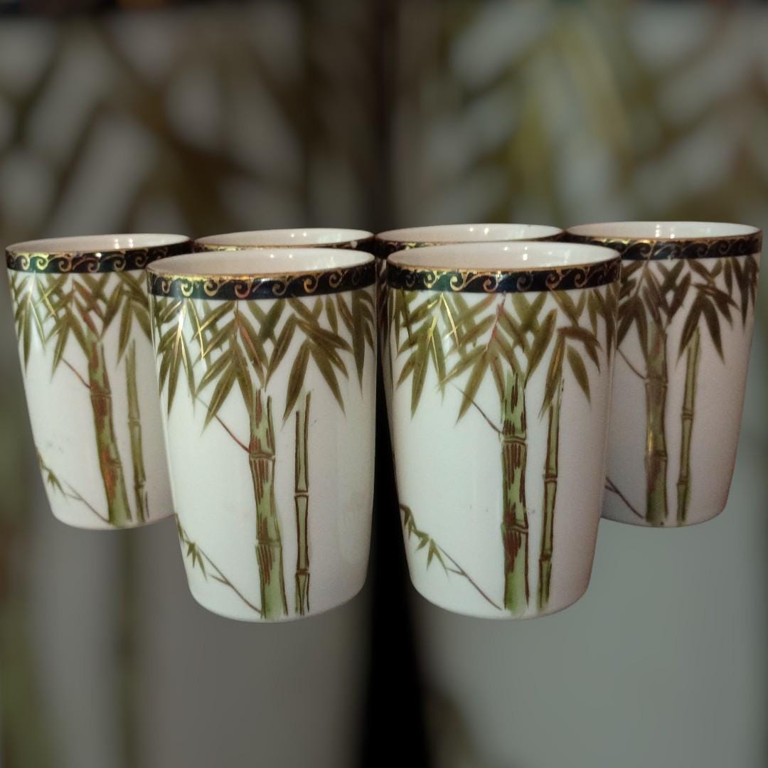 Set of 6 vintage japanese porcelain tea cups – bamboo gold trim – signed...