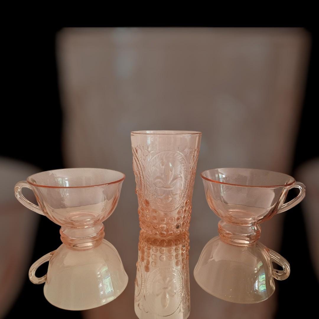 Pink depression glass set – 2 cups & fleur-de-lis hobnail... vintage..