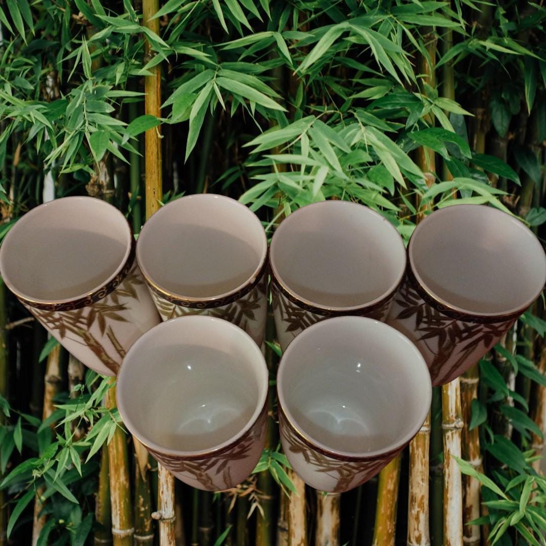 Set of 6 vintage japanese porcelain tea cups – bamboo gold trim – signed...