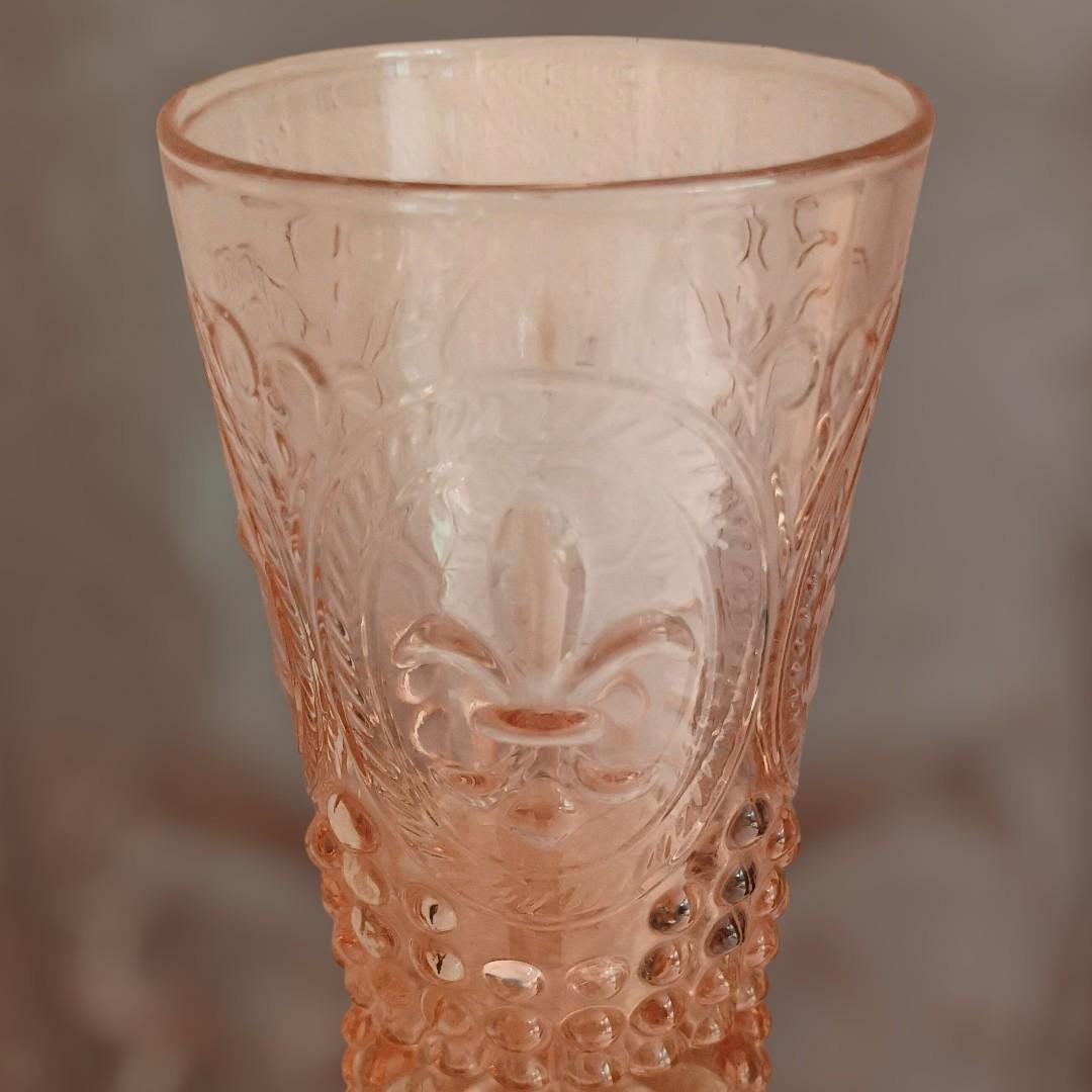 Pink depression glass set – 2 cups & fleur-de-lis hobnail... vintage..