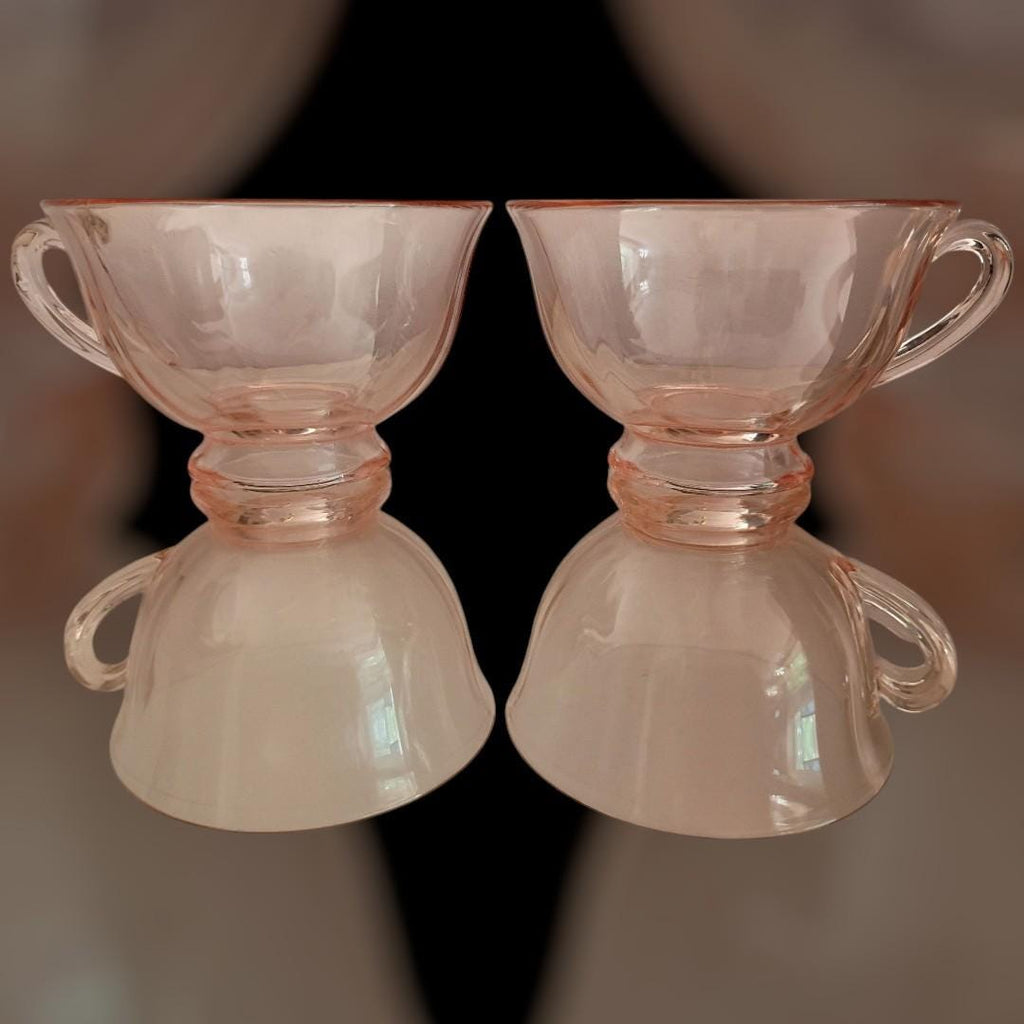 Pink depression glass set – 2 cups & fleur-de-lis hobnail... vintage..