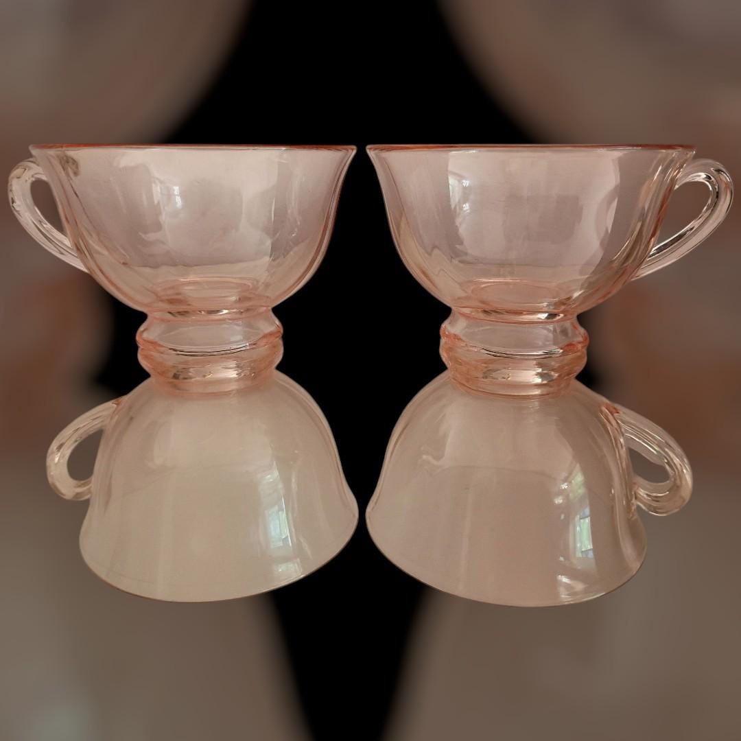 Pink depression glass set – 2 cups & fleur-de-lis hobnail... vintage..