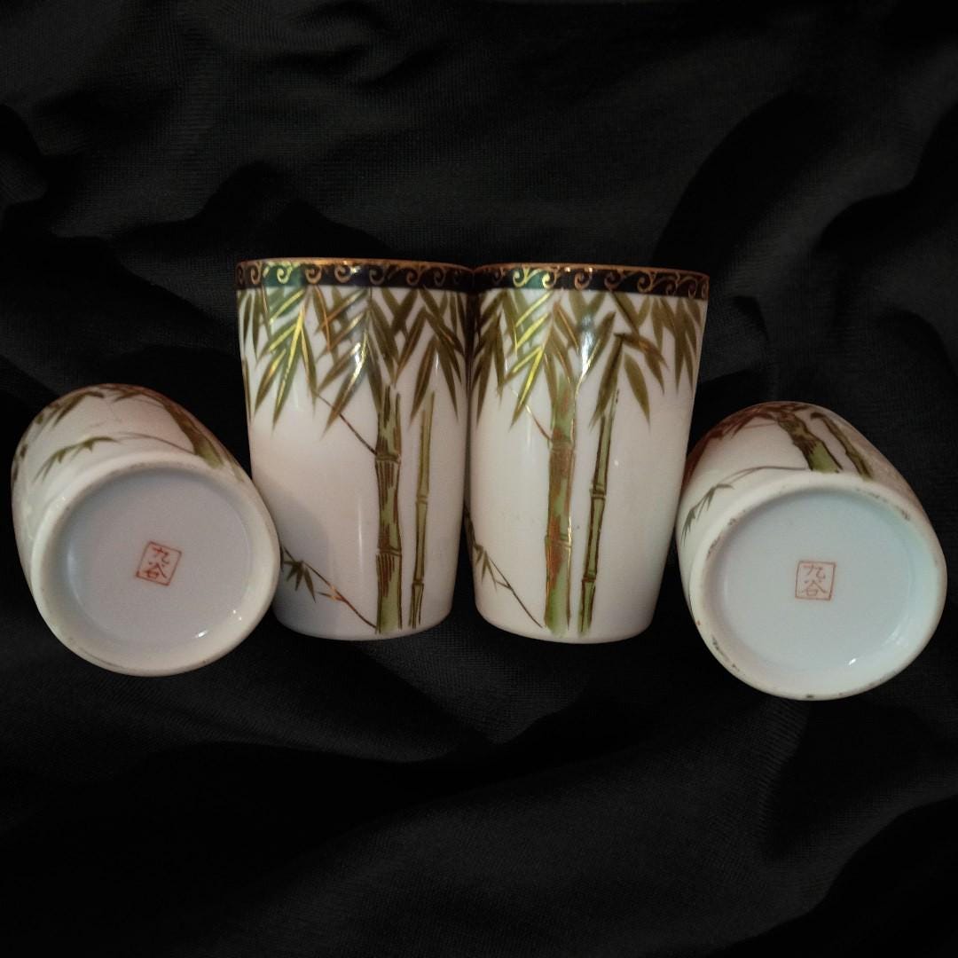 Set of 6 vintage japanese porcelain tea cups – bamboo gold trim – signed...