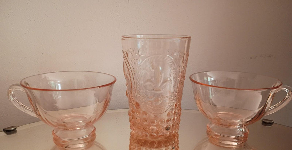 Pink depression glass set – 2 cups & fleur-de-lis hobnail... vintage..