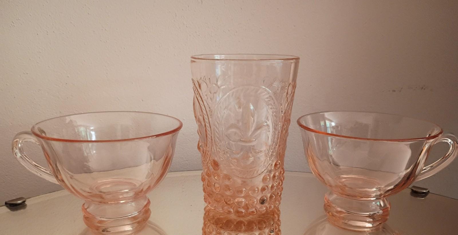 Pink depression glass set – 2 cups & fleur-de-lis hobnail... vintage..