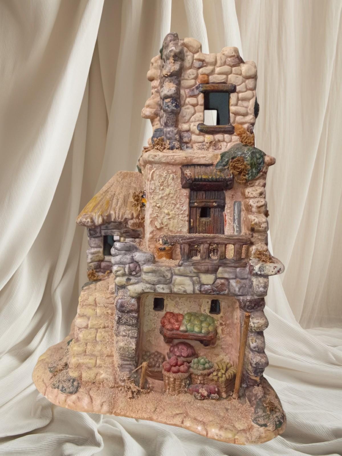 Noel bethlehem village stone house figurine – rustic hand-painted nativity......