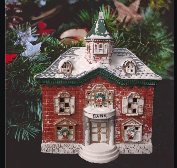 Lighted christmas house mervyn’s village christmas bank building –...