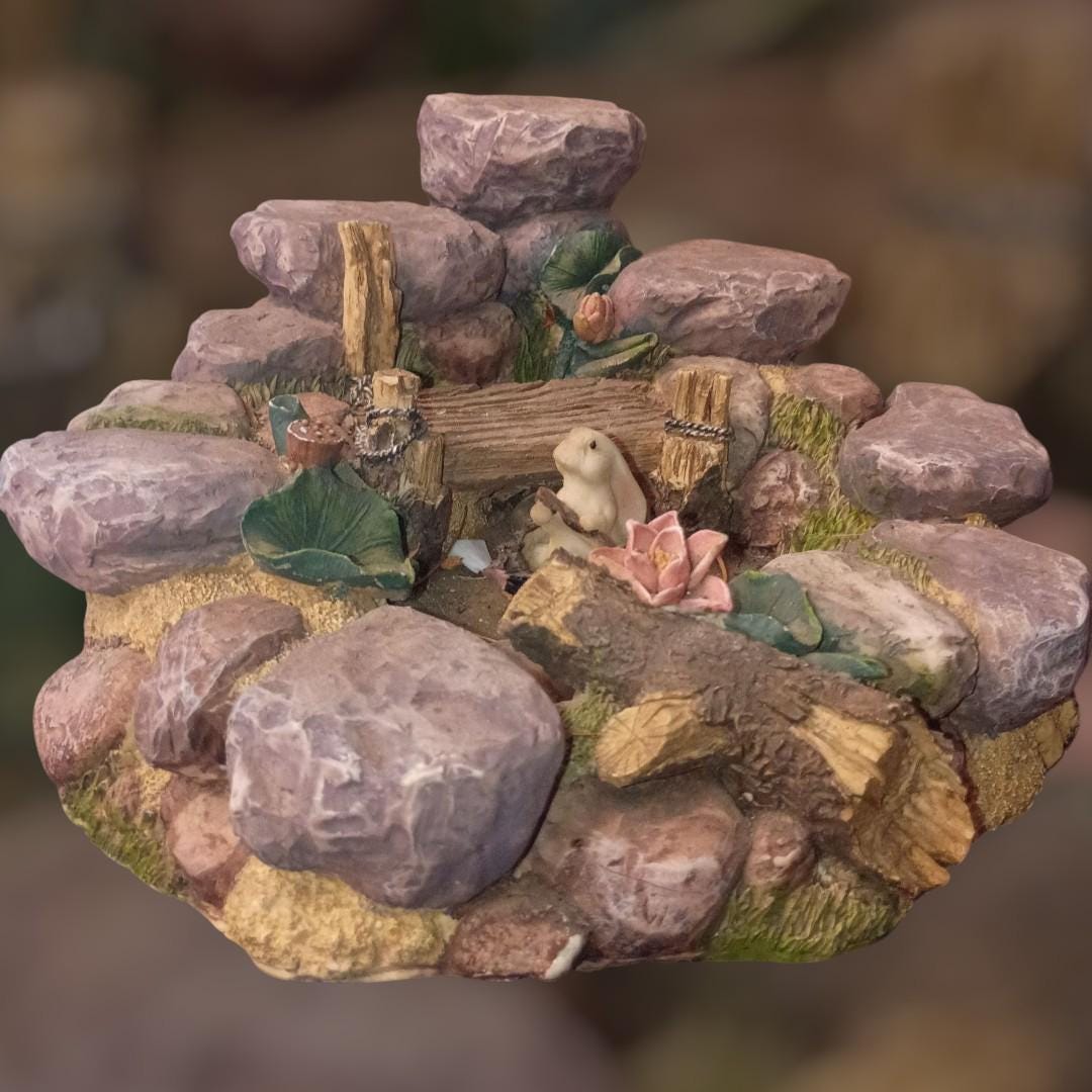 Rustic rock pond scene figurine with bunny & flowers – tabletop garden...