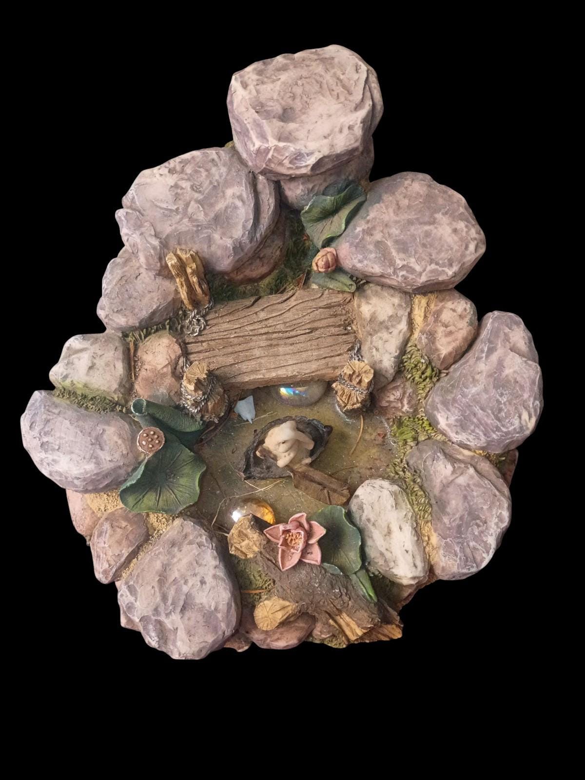 Rustic rock pond scene figurine with bunny & flowers – tabletop garden...