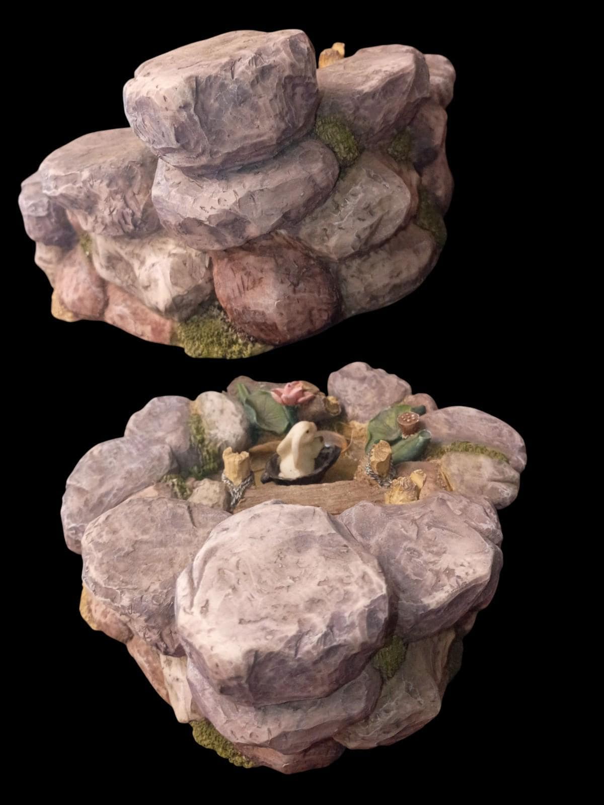Rustic rock pond scene figurine with bunny & flowers – tabletop garden...