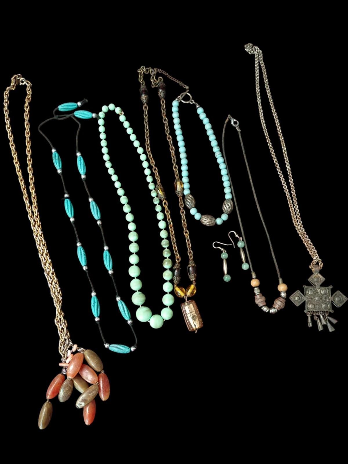 Ethnic bohemian statement necklace lot 8 w/ earrings mixed beads...
