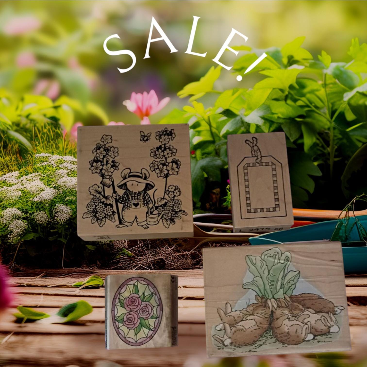 Lot of 4 rubber stamps - gardening mouse, bunny rabbits, floral oval, and blank