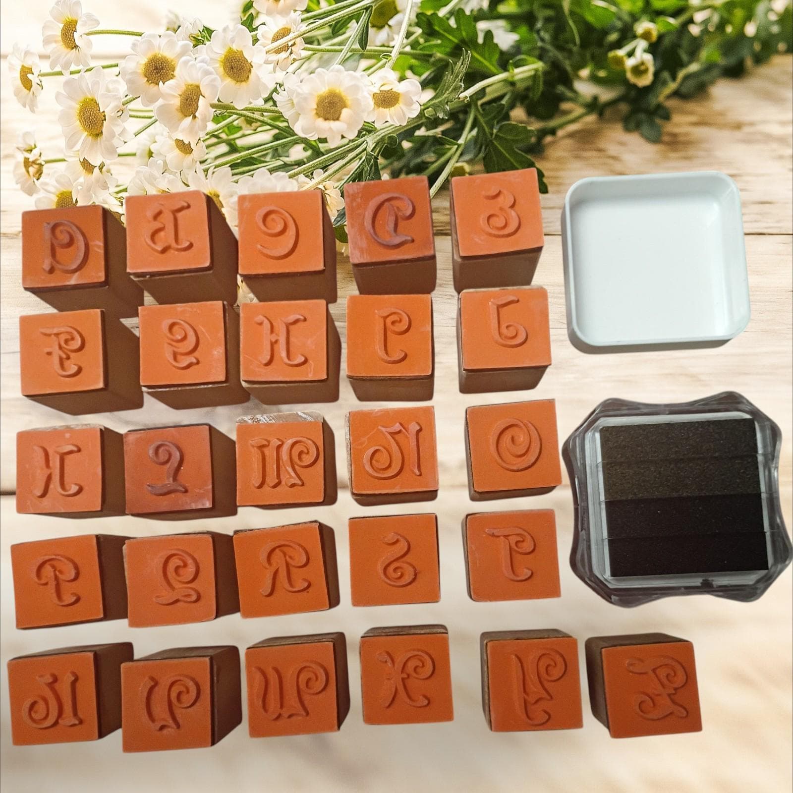 Complete set of 26 wood mounted rubber stamps –script alphabet a-z + ink pad..
