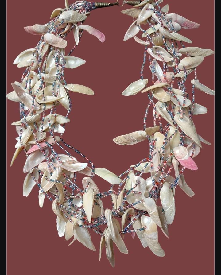 Multi-strand shell & seed bead necklace tropical boho, heavy, handcrafted...