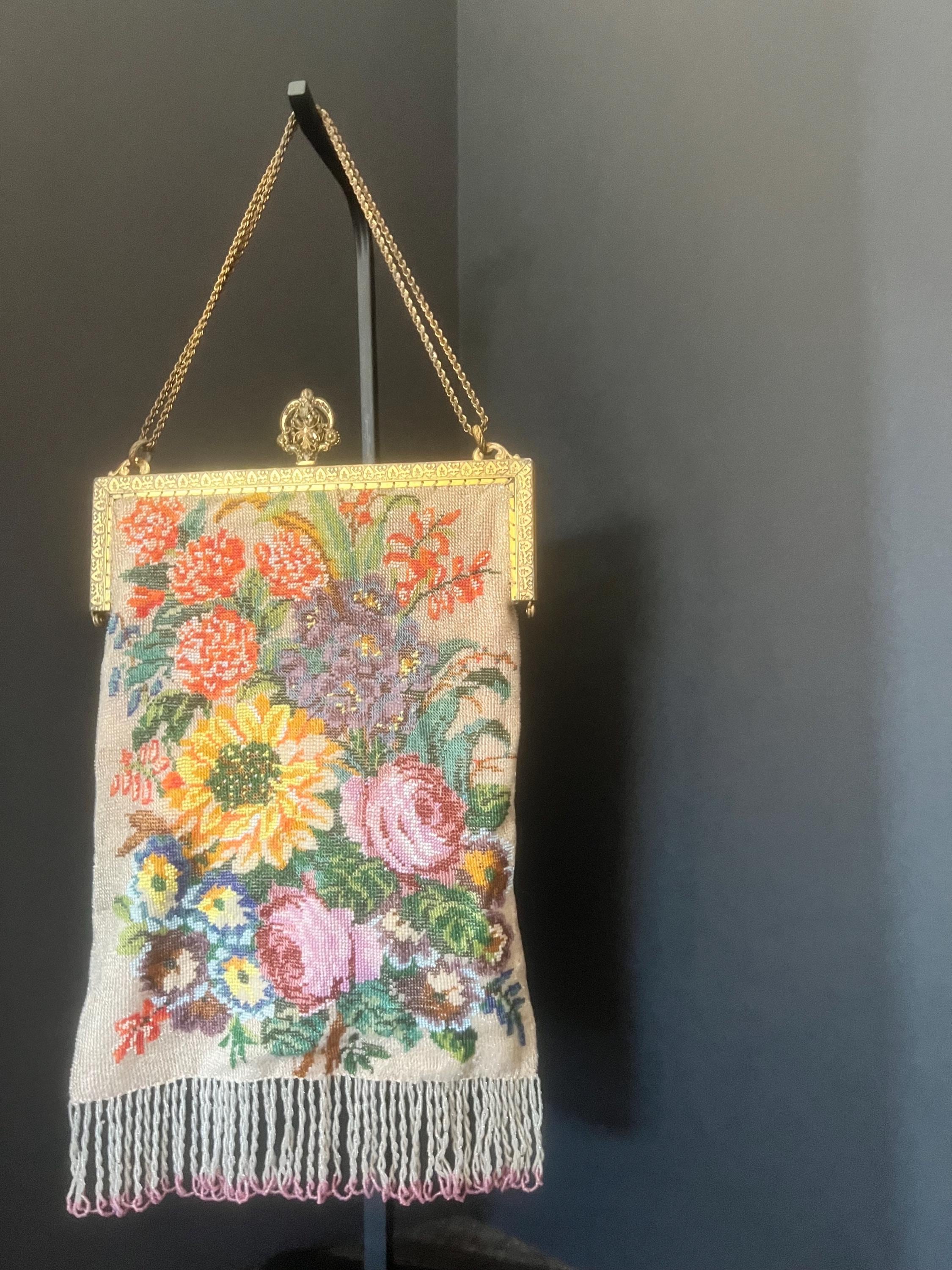 Austrian beaded evening purse – floral micro beads, ornate frame, pink silk lining vintage