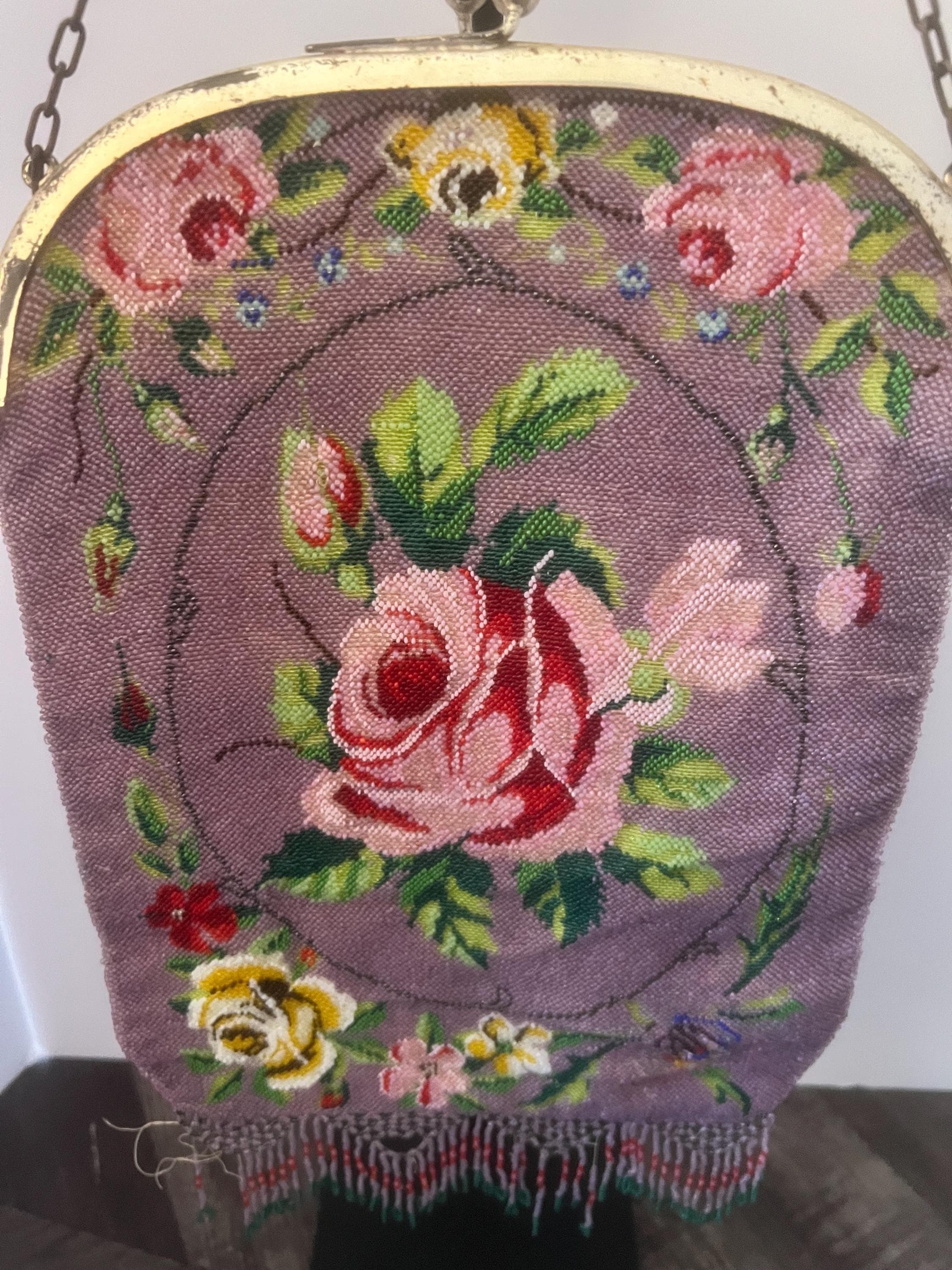 Rare czech lavender rose beaded purse | 1920s art deco handbag | antique flapper evening bag with fringe & chain handle antique