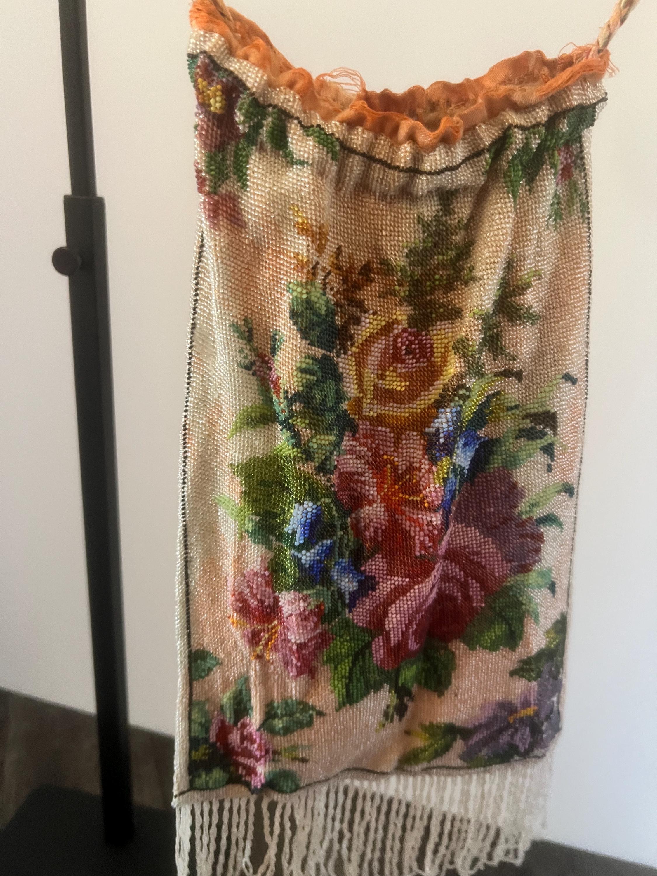 Beaded drawstring purse with floral bouquet design | 1900s hand-beaded bag with fringe | peach silk lining | collectible vintage handbag
