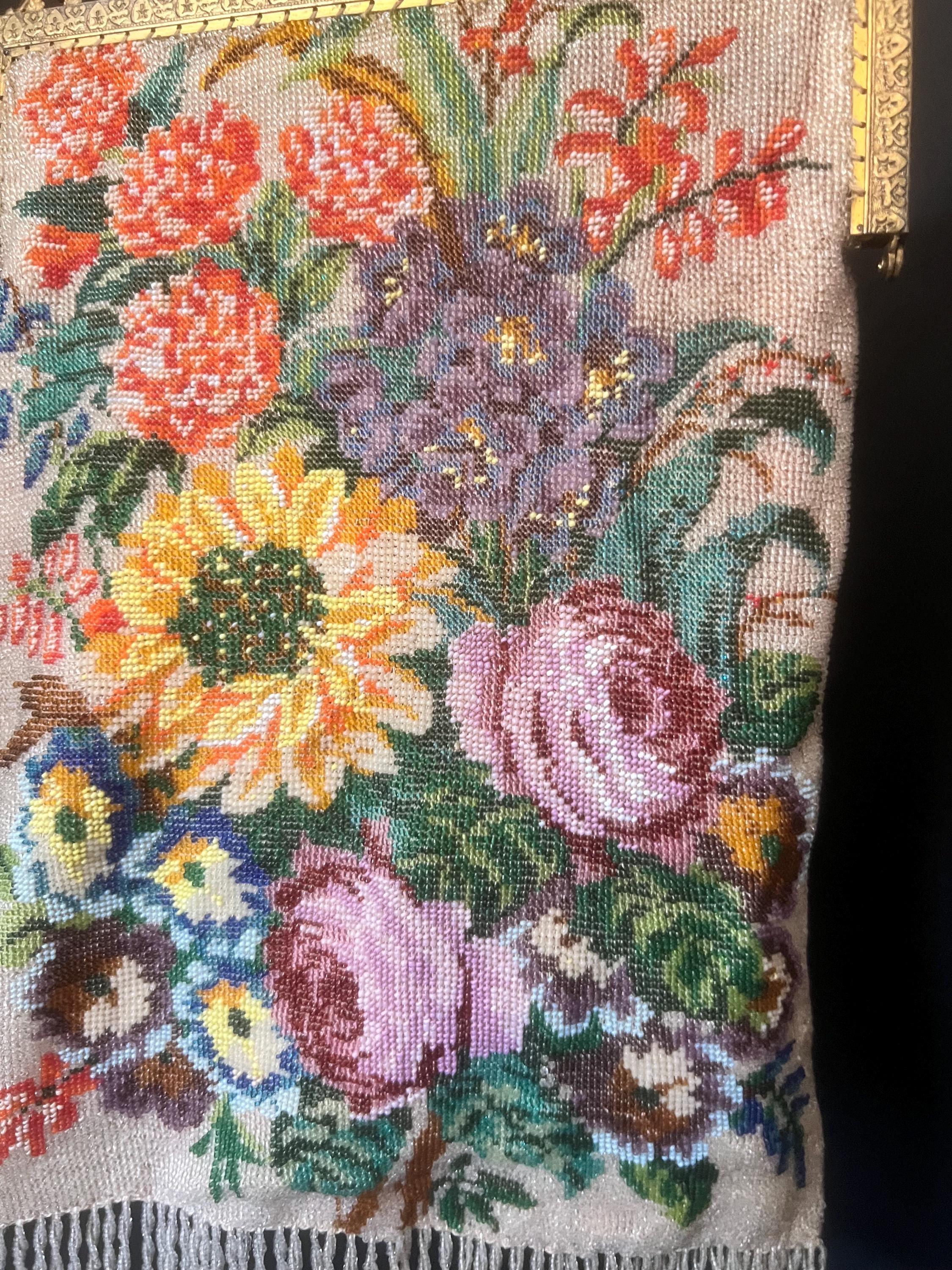 Austrian beaded evening purse – floral micro beads, ornate frame, pink silk lining vintage