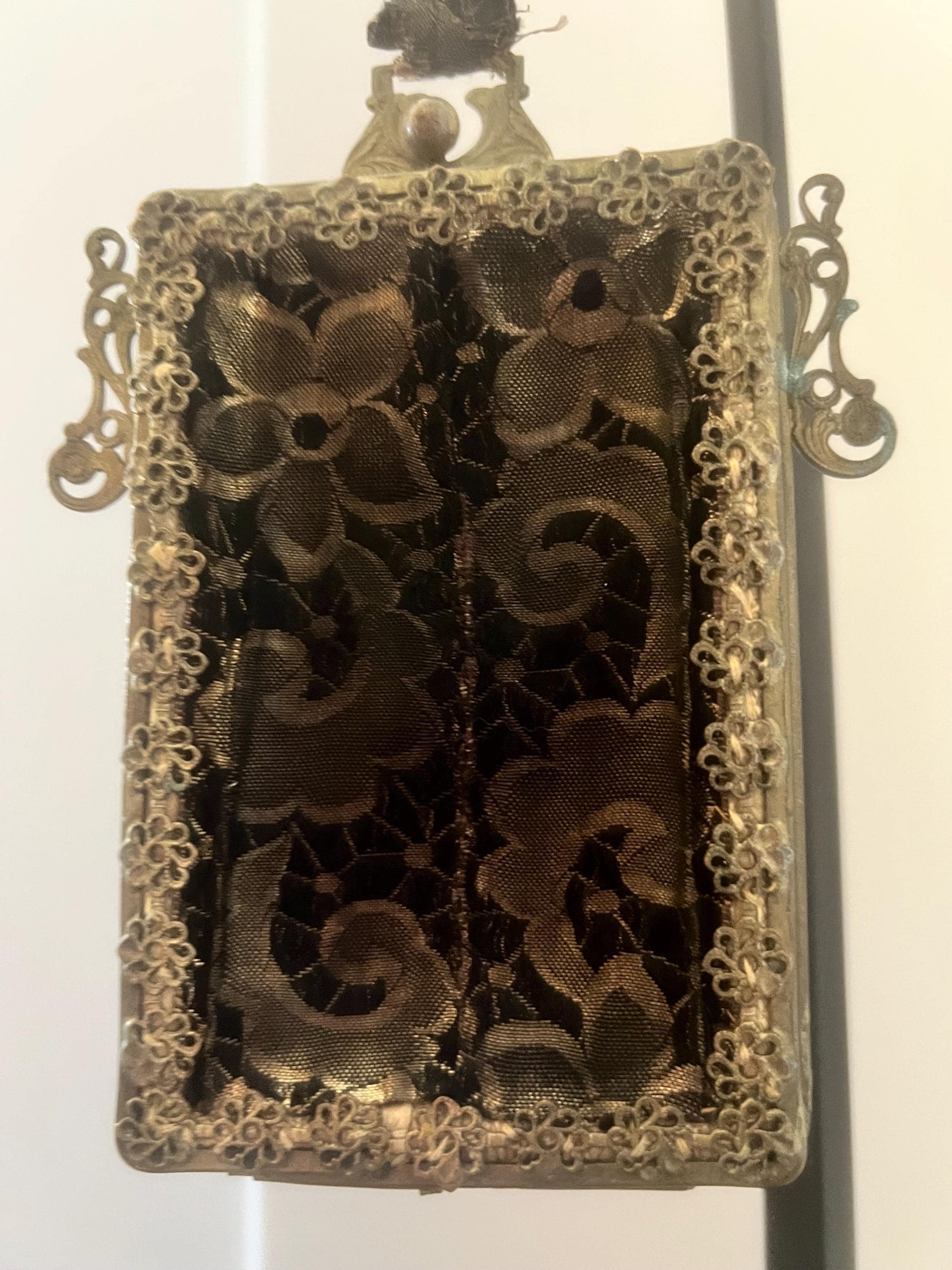 Antique victorian lace evening purse | ornate gilt frame with amber stones | black lace necessaire wristlet | late 1800s edwardian bag